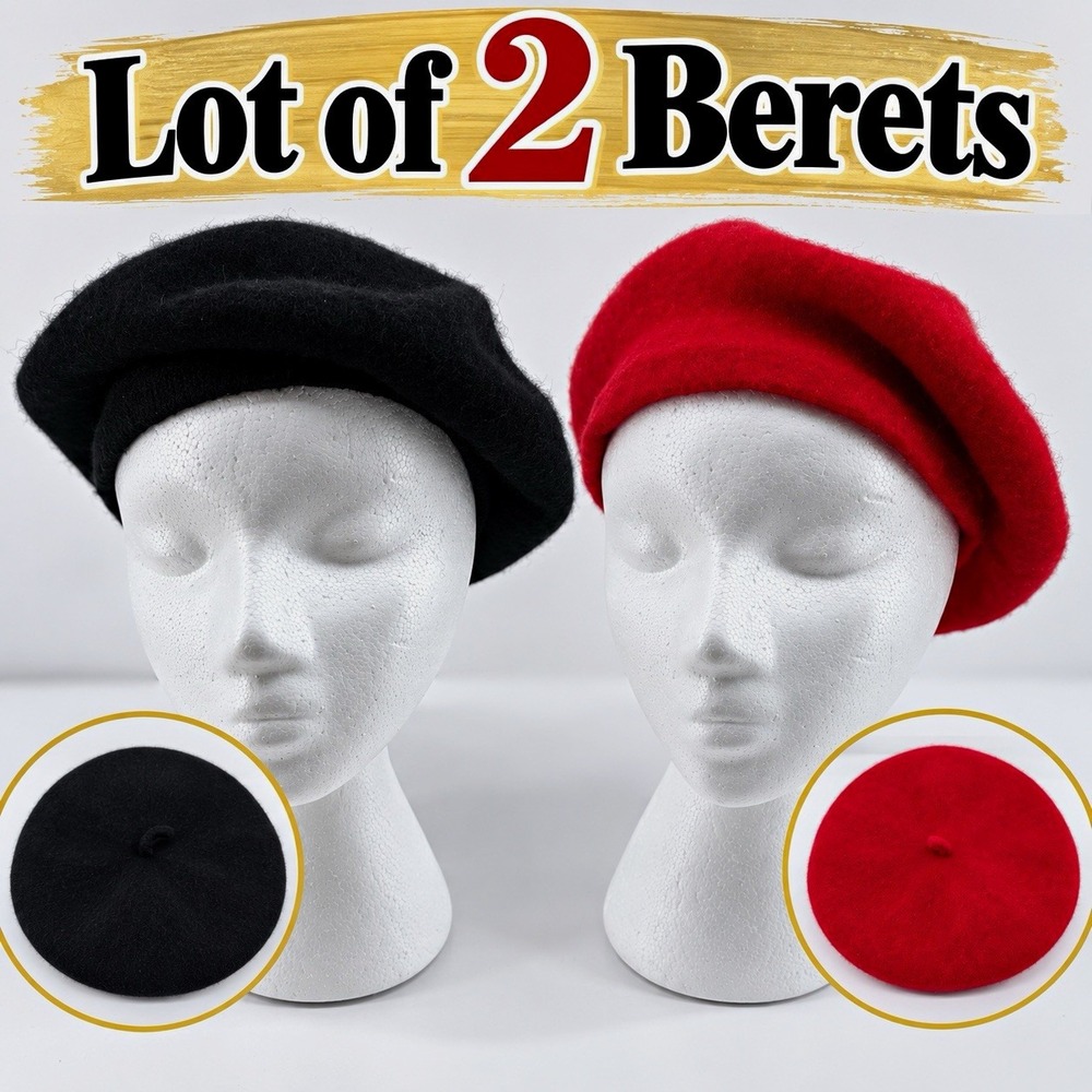 Lot of 2 Women's Beret Hats Black Red Classic French Parisian Style Unbranded